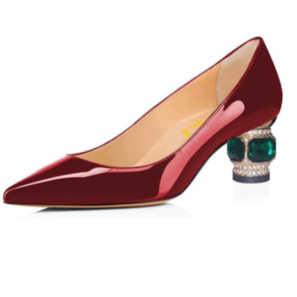 FSJ Shoes - FSJ Dark Red Pointed Toe Chunky Block Low Heel Crystal Pumps Wedding Shoe